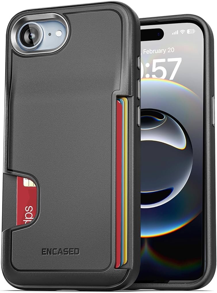 ENCASED Card Case for iPhone 16e, iPhone 17e Wallet Case with Secure Credit Card Holder Slot (Cache Series), Matte Black - Product Image