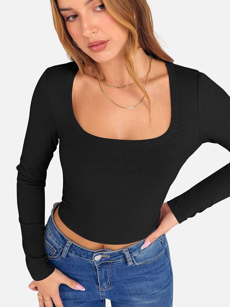 ANRABESS Women's Long Sleeve Square Neck Crop Top Ribbed Slim Fitted Basic Tee Layer Y2K Shirts Fall Fashion Outfits 2026 - Image 4