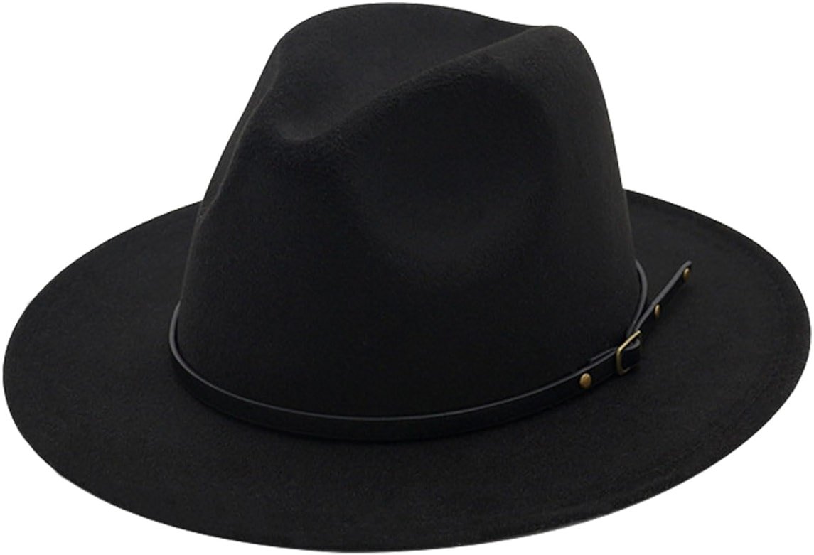 AQOKKA Classic Felt Fedora Hats for Men Women Wool Floppy Wide Brim Panama Hat with Belt Buckle - Product Image
