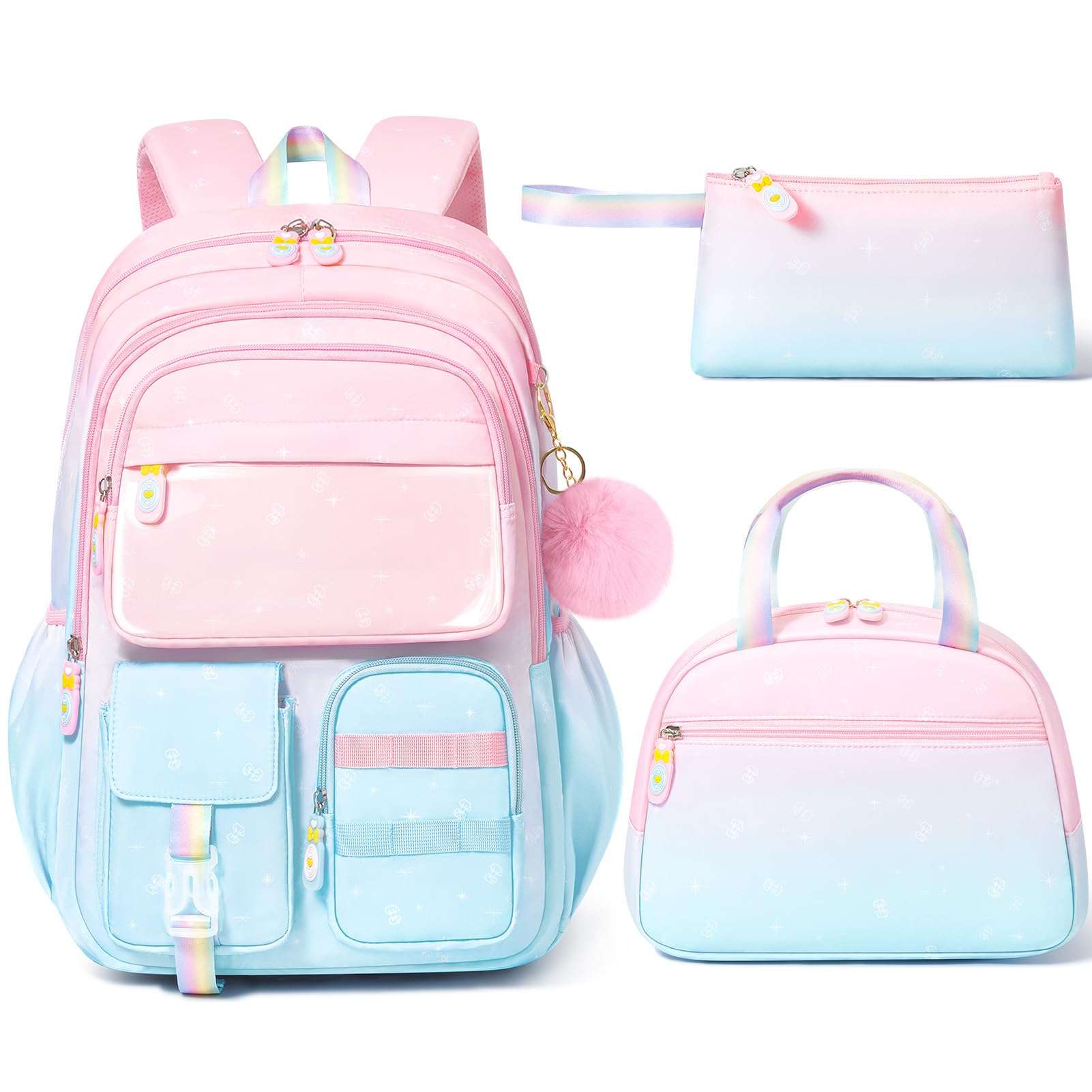 Fimibuke Backpack for Girls, 3 PCS Waterproof Kids Backpack with Lunch Box & Pencil Case, Gradient Backpacks for Teen Girl Kindergarten Elementary Middle High School Student Back to School Bookbag Set - Image 1