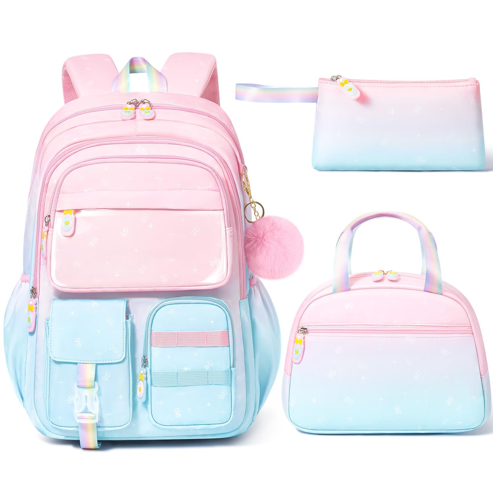 Fimibuke Backpack for Girls, 3 PCS Waterproof Kids Backpack with Lunch Box & Pencil Case, Gradient Backpacks for Teen Girl Kindergarten Elementary Middle High School Student Back to School Bookbag Set - Product Image