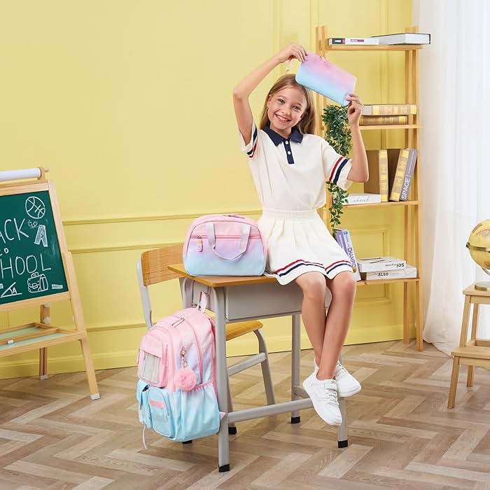 Fimibuke Backpack for Girls, 3 PCS Waterproof Kids Backpack with Lunch Box & Pencil Case, Gradient Backpacks for Teen Girl Kindergarten Elementary Middle High School Student Back to School Bookbag Set - Image 2