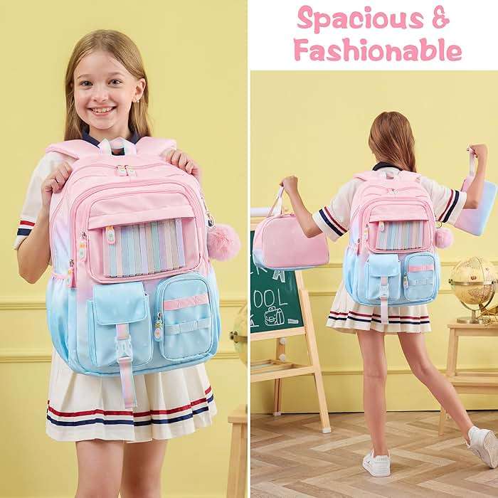 Fimibuke Backpack for Girls, 3 PCS Waterproof Kids Backpack with Lunch Box & Pencil Case, Gradient Backpacks for Teen Girl Kindergarten Elementary Middle High School Student Back to School Bookbag Set - Image 3