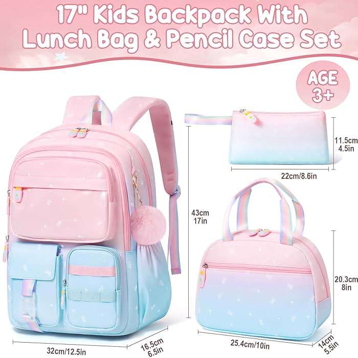 Fimibuke Backpack for Girls, 3 PCS Waterproof Kids Backpack with Lunch Box & Pencil Case, Gradient Backpacks for Teen Girl Kindergarten Elementary Middle High School Student Back to School Bookbag Set - Image 4