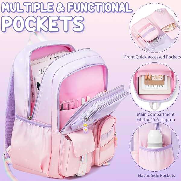 Fimibuke Backpack for Girls, 3 PCS Waterproof Kids Backpack with Lunch Box & Pencil Case, Gradient Backpacks for Teen Girl Kindergarten Elementary Middle High School Student Back to School Bookbag Set - Image 5