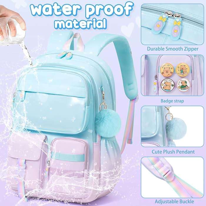 Fimibuke Backpack for Girls, 3 PCS Waterproof Kids Backpack with Lunch Box & Pencil Case, Gradient Backpacks for Teen Girl Kindergarten Elementary Middle High School Student Back to School Bookbag Set - Image 6