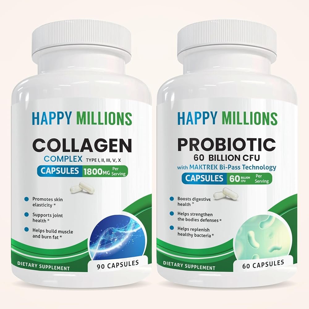 HAPPY MILLIONS Collagen Complex & Probiotic 60 Billion Capsules | Supports Skin, Joint & Digestive Health | Type I, II, III, V, X Collagen + MAKTREK Probiotic | 90 + 60 Capsules - Product Image