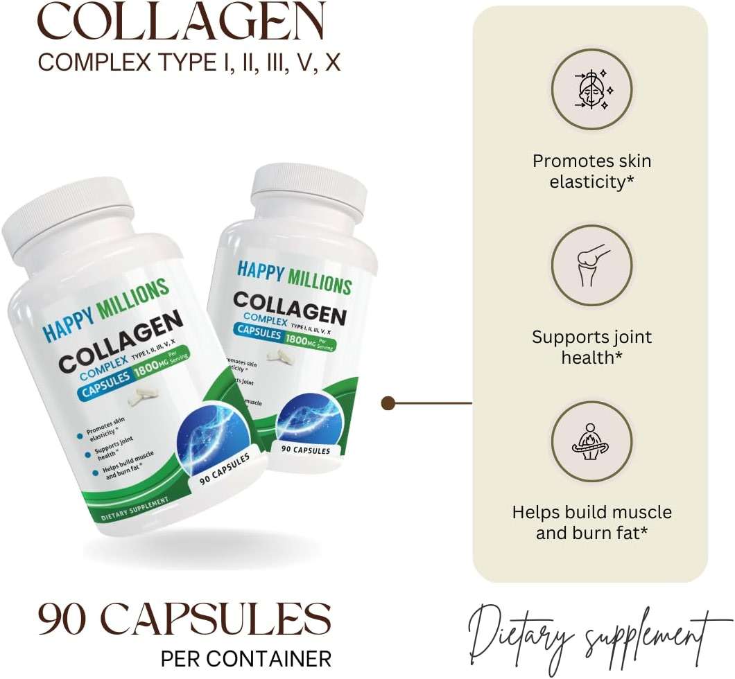HAPPY MILLIONS Collagen Complex & Probiotic 60 Billion Capsules | Supports Skin, Joint & Digestive Health | Type I, II, III, V, X Collagen + MAKTREK Probiotic | 90 + 60 Capsules - Image 3