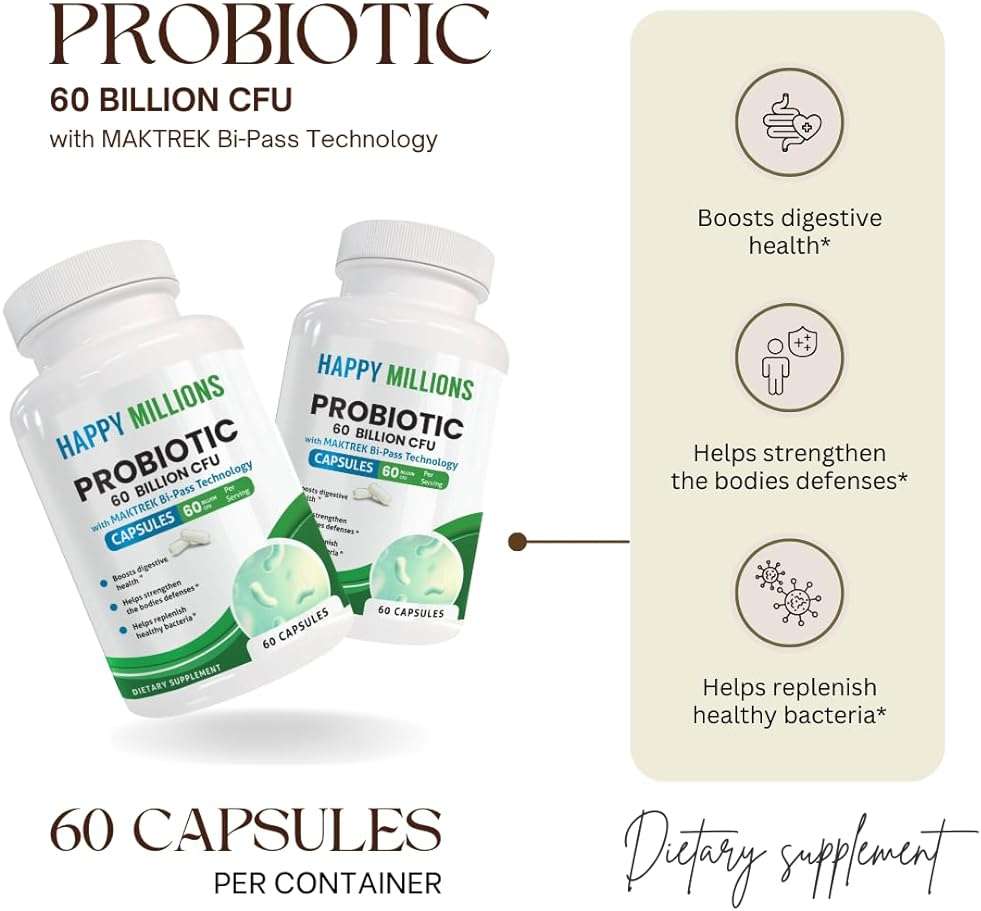 HAPPY MILLIONS Collagen Complex & Probiotic 60 Billion Capsules | Supports Skin, Joint & Digestive Health | Type I, II, III, V, X Collagen + MAKTREK Probiotic | 90 + 60 Capsules - Image 4