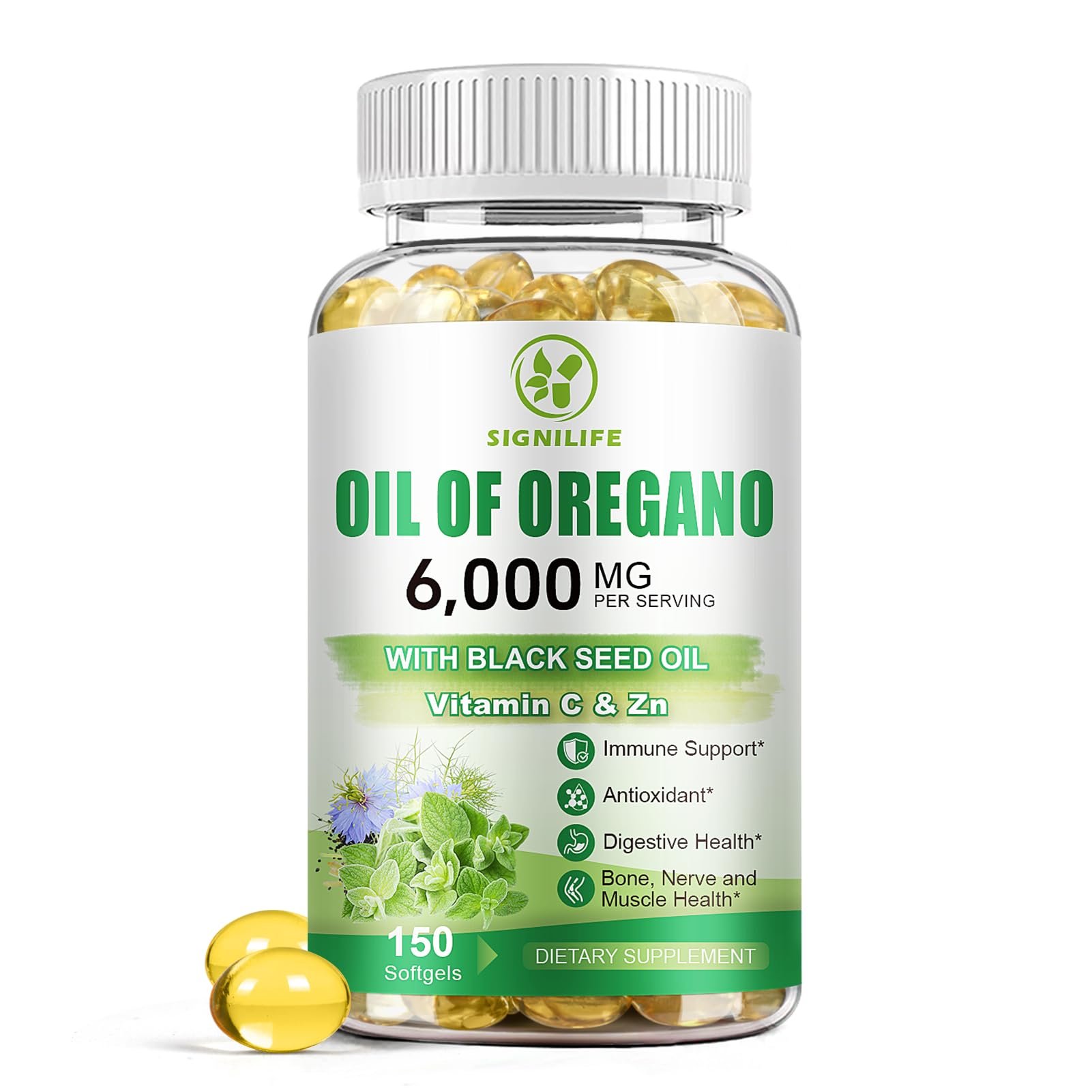 SIGNILIFE Oil of Oregano with Black Seed Oil, 6000mg Oregano Oil Capsules for Immune Support with High Carvacrol & Thymoquinone, Antioxidant, Non-GMO, Gluten Free, 150 Softgels - Product Image