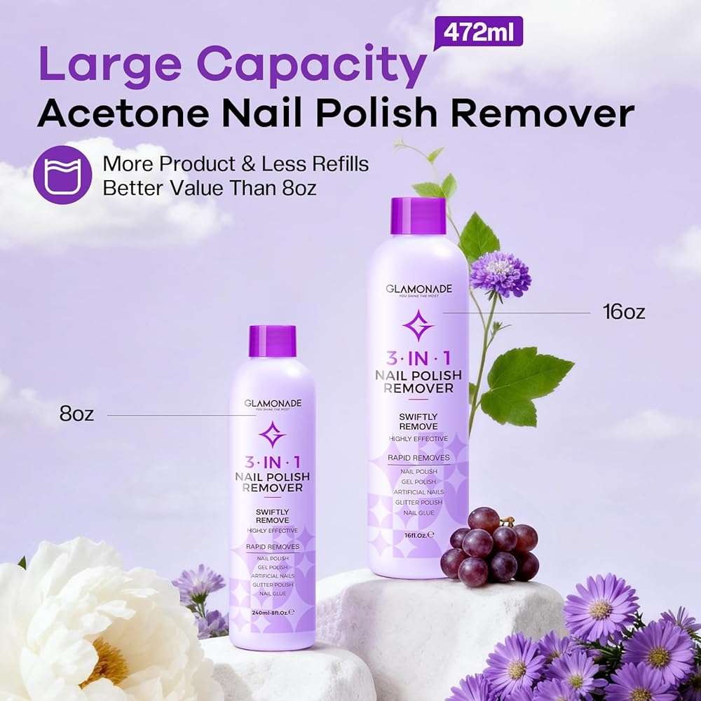 Glamonade Acetone Nail Polish Remover: 16 Fl Oz Large Capacity Professional Gel Polish Remover for Removal of Regular Polish/Gel Polish/Glue/Artificial Nail - With Grape Seed Oil for Gentle Removal - Image 2