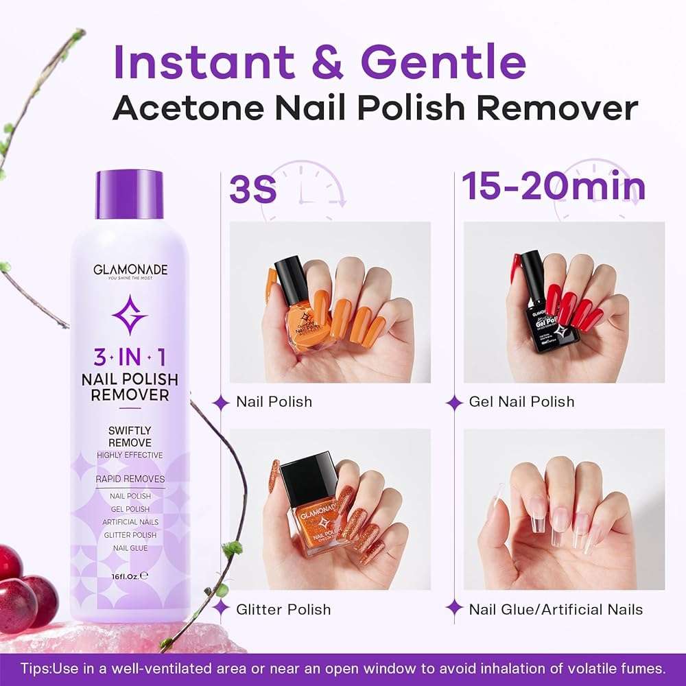 Glamonade Acetone Nail Polish Remover: 16 Fl Oz Large Capacity Professional Gel Polish Remover for Removal of Regular Polish/Gel Polish/Glue/Artificial Nail - With Grape Seed Oil for Gentle Removal - Image 3