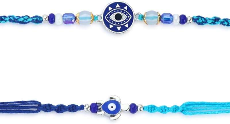 ARTISENIA Rakhi Set of 2 Rakhi for Brother with Raksha Bandhan Greeting Card | Roli Chawal Tika - Raksha Bandhan Evil Eye Rakhi for Brother & Bhabhi | Rakhi for Bhaiya | Turtle Rakhi for Brothers - Image 1