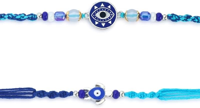 ARTISENIA Rakhi Set of 2 Rakhi for Brother with Raksha Bandhan Greeting Card | Roli Chawal Tika - Raksha Bandhan Evil Eye Rakhi for Brother & Bhabhi | Rakhi for Bhaiya | Turtle Rakhi for Brothers - Product Image