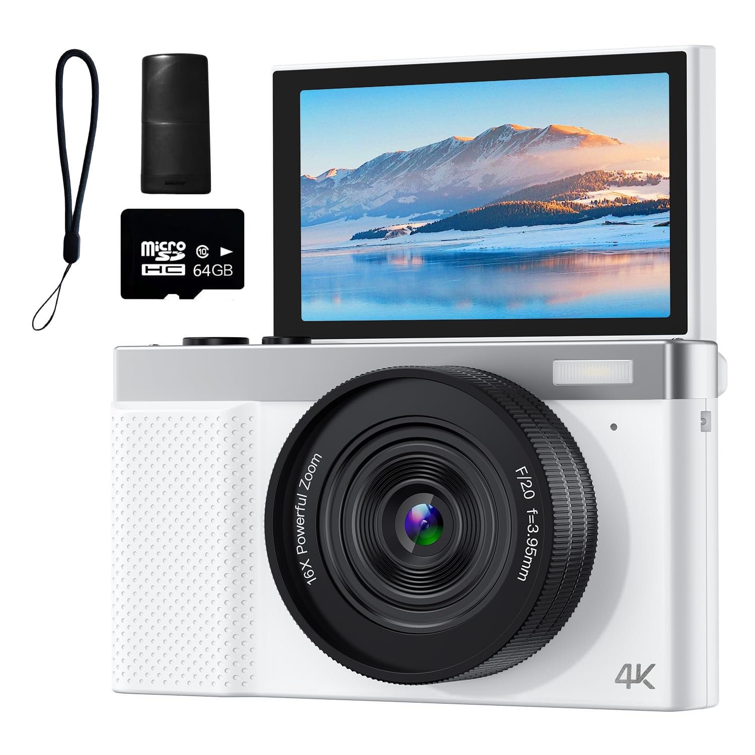 4K Digital Camera, 64MP Vlogging Camera for Photography with 3" 180° Flip Screen, 16X Compact Digital Camera with 64GB Micro SD Card for Beginner (White) - Product Image