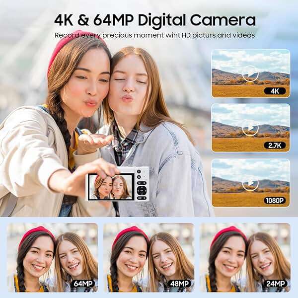 4K Digital Camera, 64MP Vlogging Camera for Photography with 3" 180° Flip Screen, 16X Compact Digital Camera with 64GB Micro SD Card for Beginner (White) - Image 2