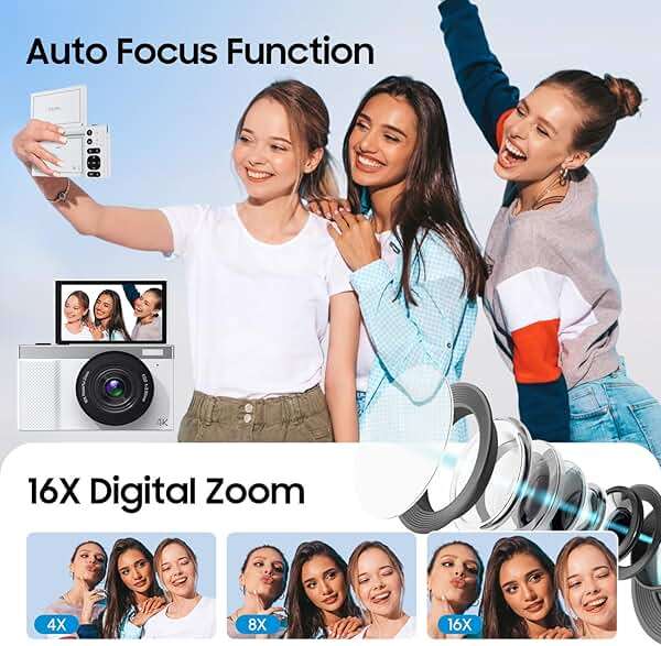 4K Digital Camera, 64MP Vlogging Camera for Photography with 3" 180° Flip Screen, 16X Compact Digital Camera with 64GB Micro SD Card for Beginner (White) - Image 5