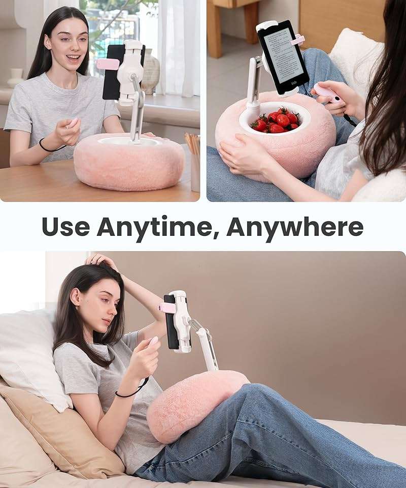 VOLTIFYMAX Tablet Pillow Stand with Kindle Page Turner for Reading in Bed, 360°Adjustable iPad Holder with Snack Bowl, ComPatible with 4.7''-13''Kindle Accessories/Paperwhite/iPad/iPhone/Samsung, Pink - Image 2