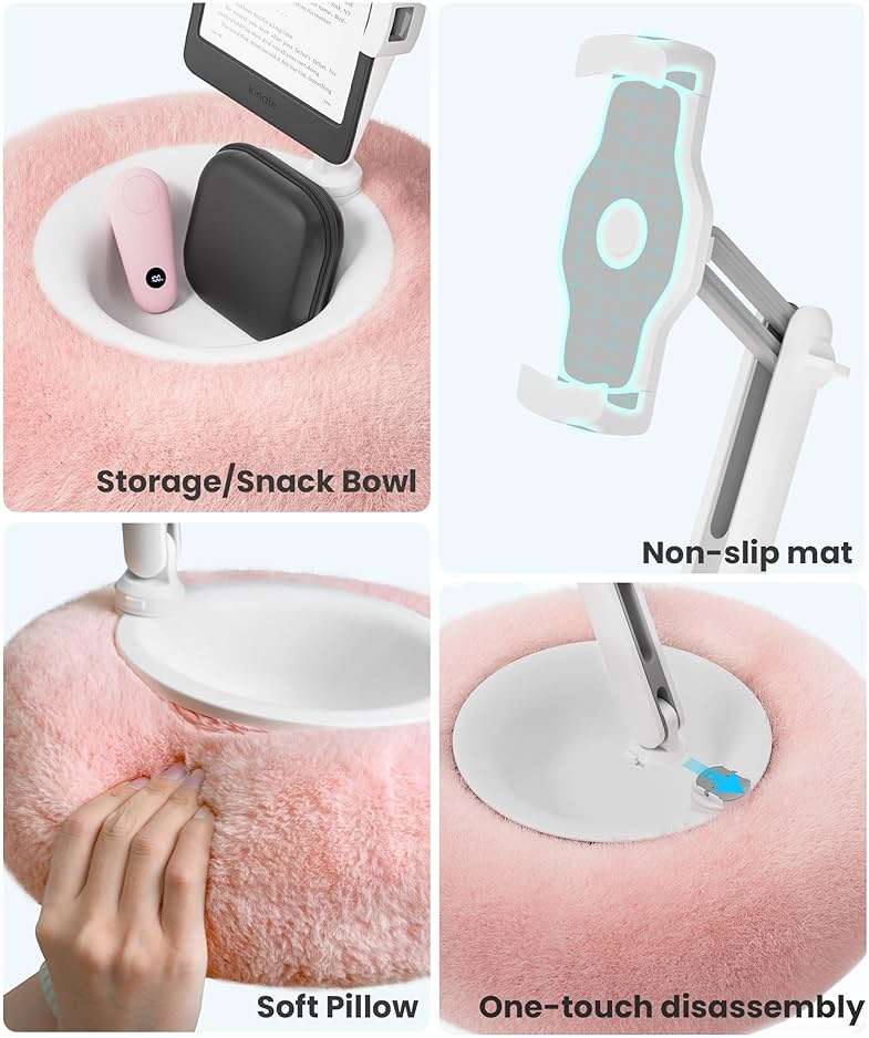 VOLTIFYMAX Tablet Pillow Stand with Kindle Page Turner for Reading in Bed, 360°Adjustable iPad Holder with Snack Bowl, ComPatible with 4.7''-13''Kindle Accessories/Paperwhite/iPad/iPhone/Samsung, Pink - Image 4