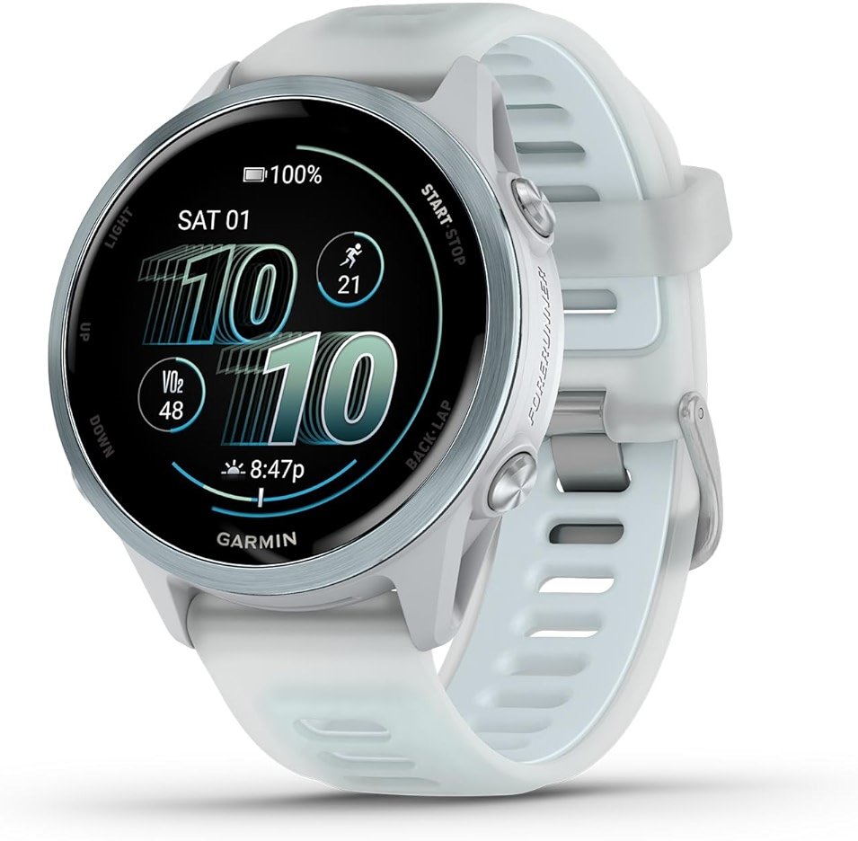 Garmin® Forerunner® 570, 42mm, Advanced GPS Running and Triathlon Smartwatch, AMOLED Display, Training and Recovery Features, Cloud Blue Aluminum with Translucent Whitestone/Band - Product Image