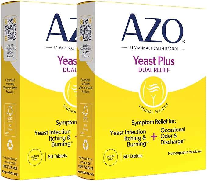 AZO Yeast Plus Dual Homeopathic Yeast Infection Symptom Relief for Women–Vaginal Itching & Burning + Odor & Discharge, Intimate Health Tablets, 2 Pack (60 Count x2), from the #1 Vaginal Health Brand! - Image 1