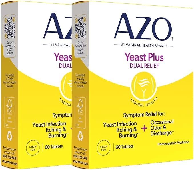AZO Yeast Plus Dual Homeopathic Yeast Infection Symptom Relief for Women–Vaginal Itching & Burning + Odor & Discharge, Intimate Health Tablets, 2 Pack (60 Count x2), from the #1 Vaginal Health Brand! - Product Image