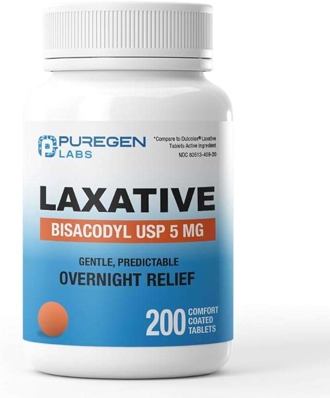 Puregen Labs Bisacodyl 5mg Tablet | 200 Count | Stimulant Laxative, Gentle and Fast Overnight Relief for Constipation - Image 1