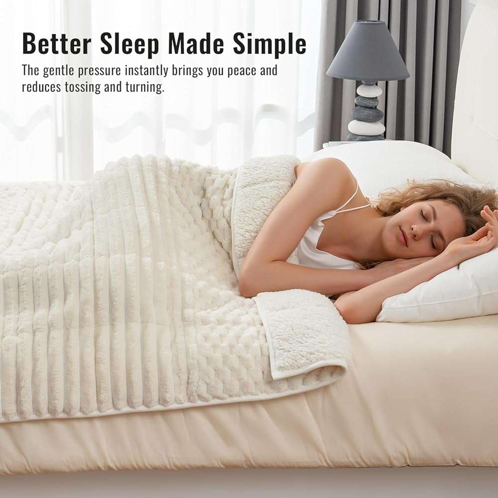 Uttermara Weighted Blanket for Adults Queen Size 15lbs, Soft Cozy Sherpa Fleece Heavy Blanket for Sleep and Calm, Fuzzy Warm Jacquard Bed Blanket, 60 x 80 Inches, Cream White - Image 3