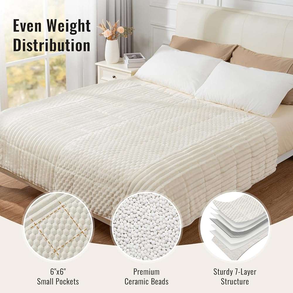 Uttermara Weighted Blanket for Adults Queen Size 15lbs, Soft Cozy Sherpa Fleece Heavy Blanket for Sleep and Calm, Fuzzy Warm Jacquard Bed Blanket, 60 x 80 Inches, Cream White - Image 5