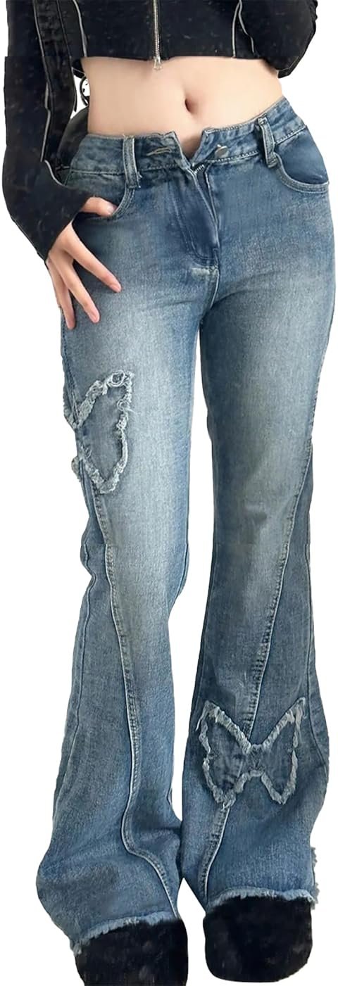 ZUNQKG Womens Y2k Butterfly Flare Jeans Low Rise Grunge Clothes Distressed Vintage Denim Bell Bottom - Product Image