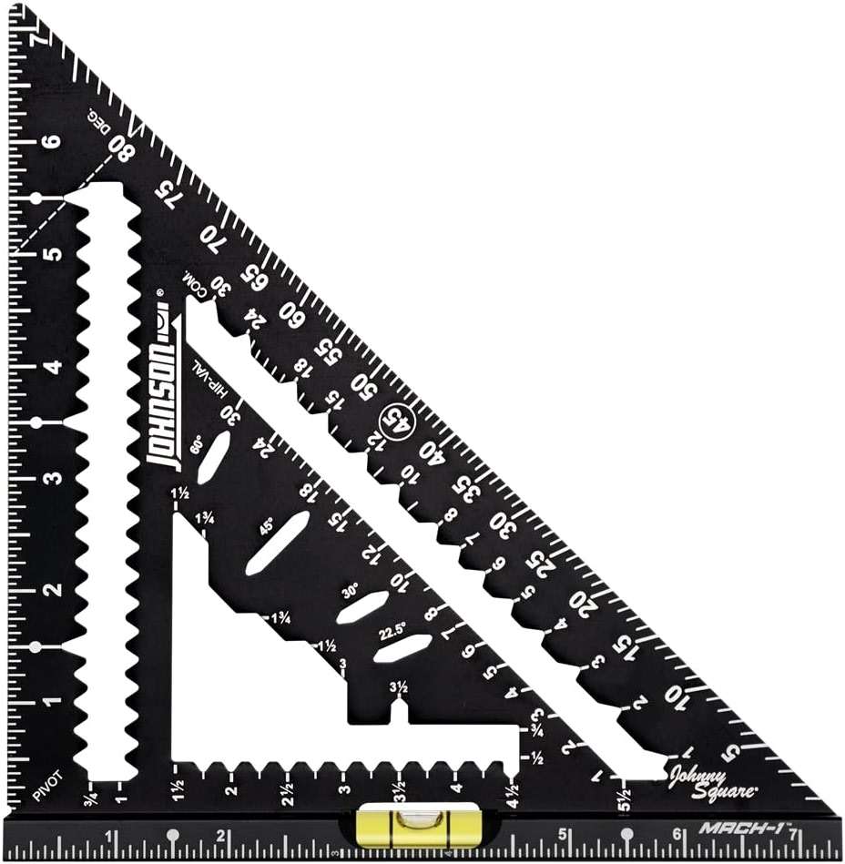 Johnson Level & Tool 1904-0700V 7-1/4" Johnny Square® MACH-1™ Smart Mark™ Rafter Square with Level Vial, Black - Image 1