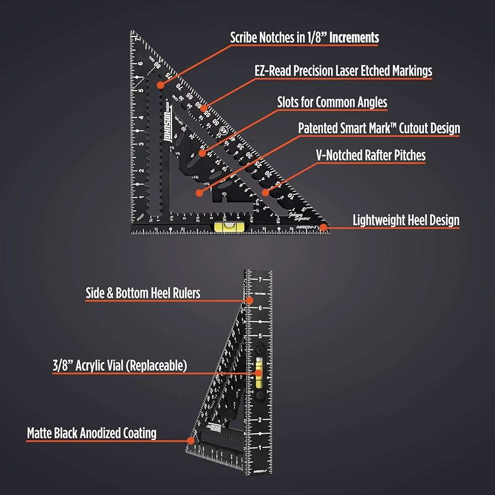 Johnson Level & Tool 1904-0700V 7-1/4" Johnny Square® MACH-1™ Smart Mark™ Rafter Square with Level Vial, Black - Image 4