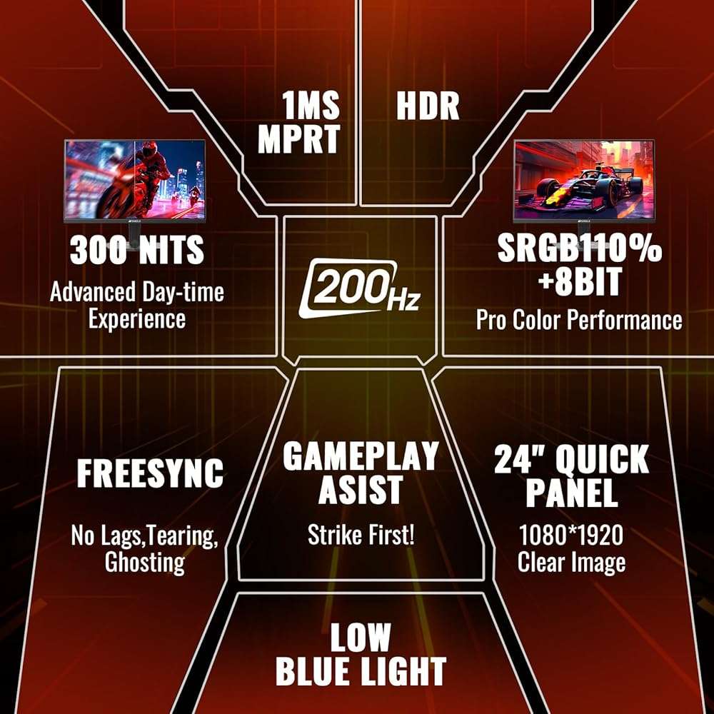 SANSUI Gaming Monitor, 24 Inch 180Hz, FHD 1080P 1ms 110% sRGB Computer Monitor, HDMI DP Ports VESA Support for Game Office (HDMI Cable Included) - Image 2