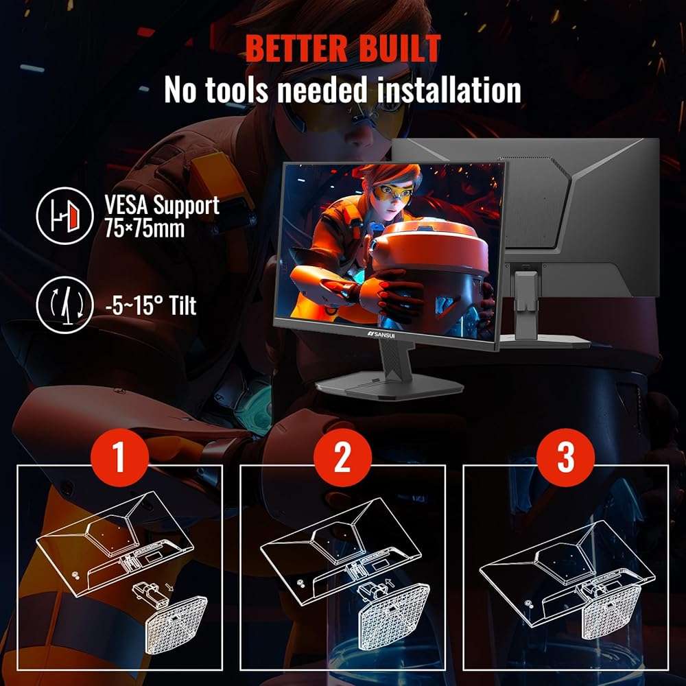 SANSUI Gaming Monitor, 24 Inch 180Hz, FHD 1080P 1ms 110% sRGB Computer Monitor, HDMI DP Ports VESA Support for Game Office (HDMI Cable Included) - Image 8