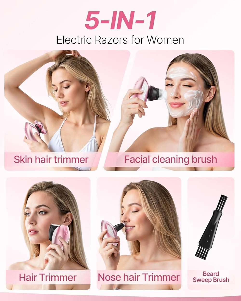 Electric Razors for Women, 5-in-1 Rechargeable Body Shaver - Waterproof Wet Dry Hair Remover - Trimmer for Lady Face Underarms Bikini,Lips,arms, Legs - Image 2