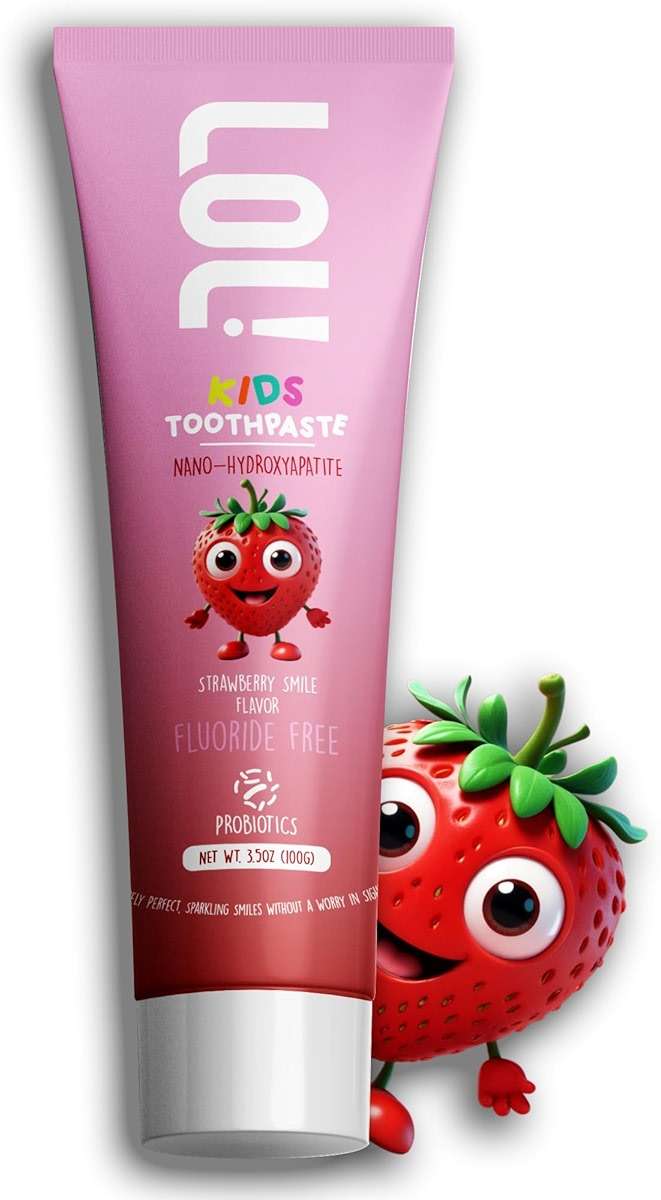 LOL Fluoride Free Toothpaste Kids, Nano Hydroxyapatite Toothpaste Kids with Probiotics & Xylitol, Remineralizing Toothpaste, Natural Plant-Based Foam, Strawberry Flavor - Image 1