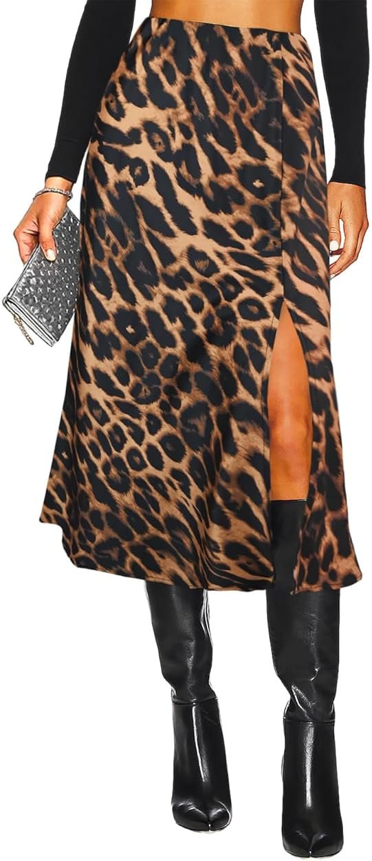 Women's Side Slit A Line Satin Midi Skirt Elastic High Waisted Cheetah Leopard Print Silk Long Skirts for Women - Product Image