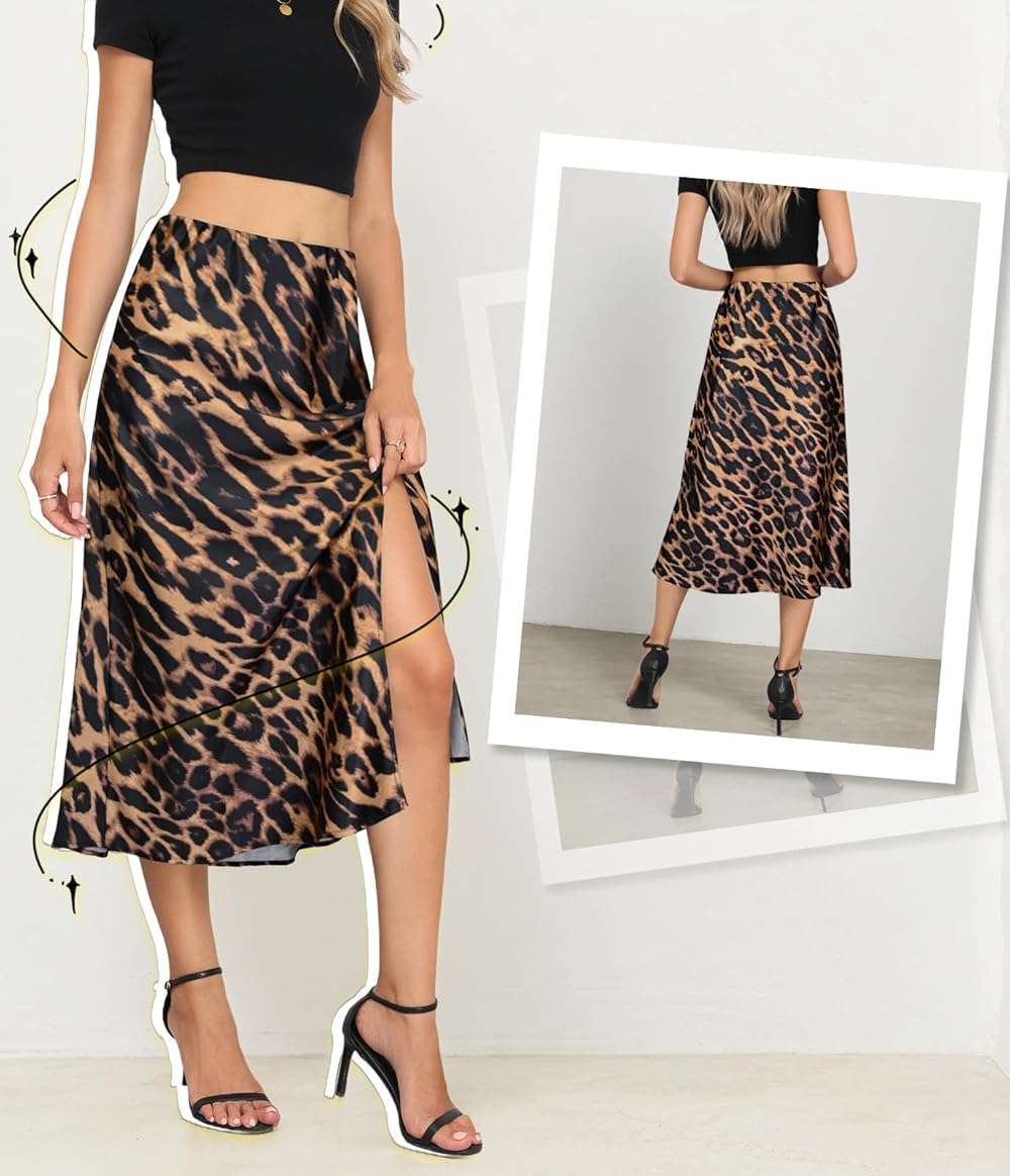 Women's Side Slit A Line Satin Midi Skirt Elastic High Waisted Cheetah Leopard Print Silk Long Skirts for Women - Image 4
