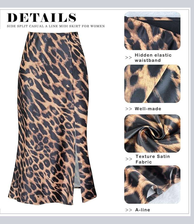 Women's Side Slit A Line Satin Midi Skirt Elastic High Waisted Cheetah Leopard Print Silk Long Skirts for Women - Image 5