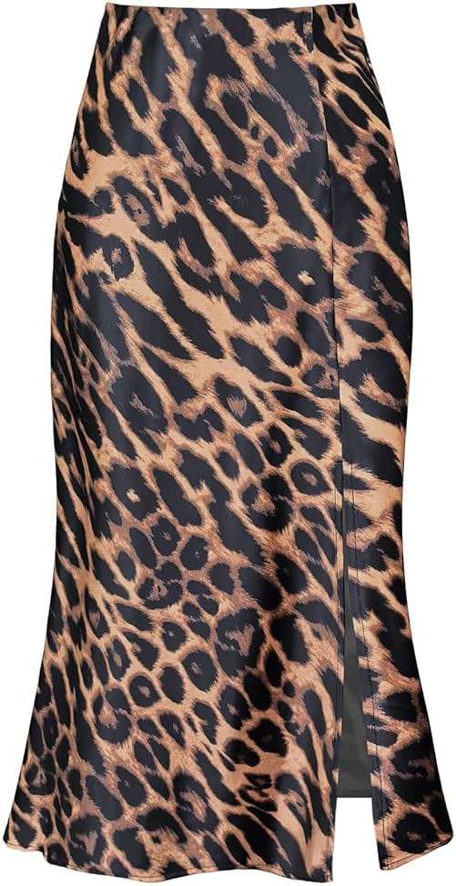 Women's Side Slit A Line Satin Midi Skirt Elastic High Waisted Cheetah Leopard Print Silk Long Skirts for Women - Image 6