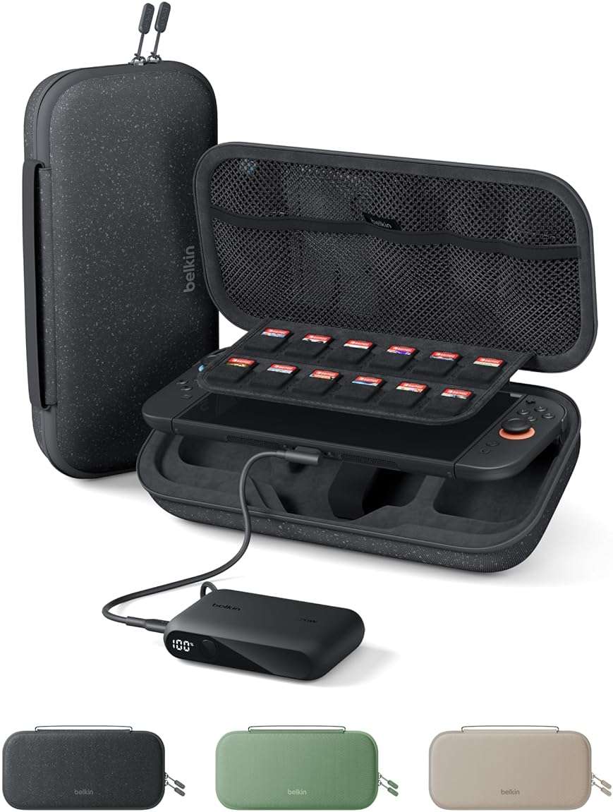 Belkin Nintendo Switch 2 Case w/Integrated 10000mAh Power Bank Charger, Portable Hard Shell Protective Carrying Case with Pockets for AirTag, Game Cartridges for Travel - Charcoal - Image 1
