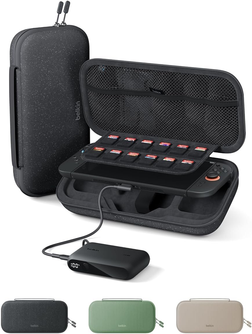Belkin Nintendo Switch 2 Case w/Integrated 10000mAh Power Bank Charger, Portable Hard Shell Protective Carrying Case with Pockets for AirTag, Game Cartridges for Travel - Charcoal - Product Image
