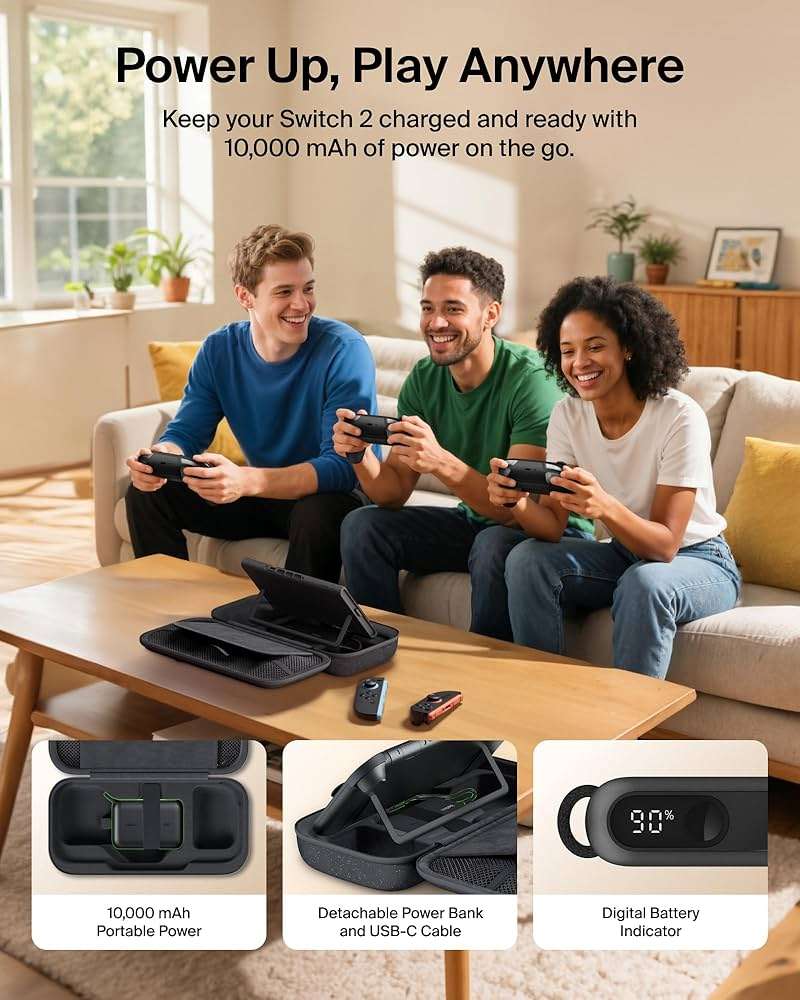 Belkin Nintendo Switch 2 Case w/Integrated 10000mAh Power Bank Charger, Portable Hard Shell Protective Carrying Case with Pockets for AirTag, Game Cartridges for Travel - Charcoal - Image 3