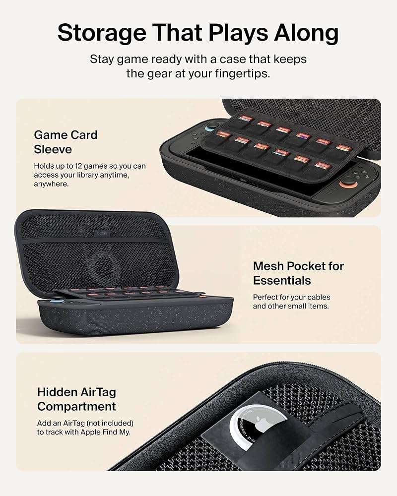 Belkin Nintendo Switch 2 Case w/Integrated 10000mAh Power Bank Charger, Portable Hard Shell Protective Carrying Case with Pockets for AirTag, Game Cartridges for Travel - Charcoal - Image 5
