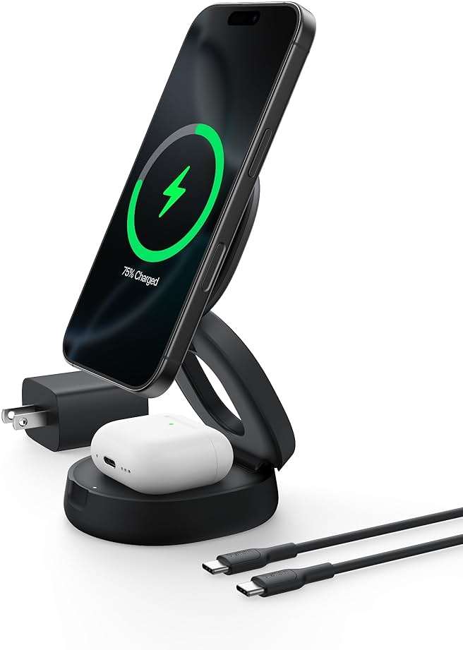 Belkin MagSafe Charger Compatible, 2-in-1 Qi2 Wireless Charging Station 15W, Convertible Charger for iPhone 17, Apple Watch, AirPods, Pixel 10, Portable Phone Stand for Travel w/ 30W Adapter - Black - Image 1