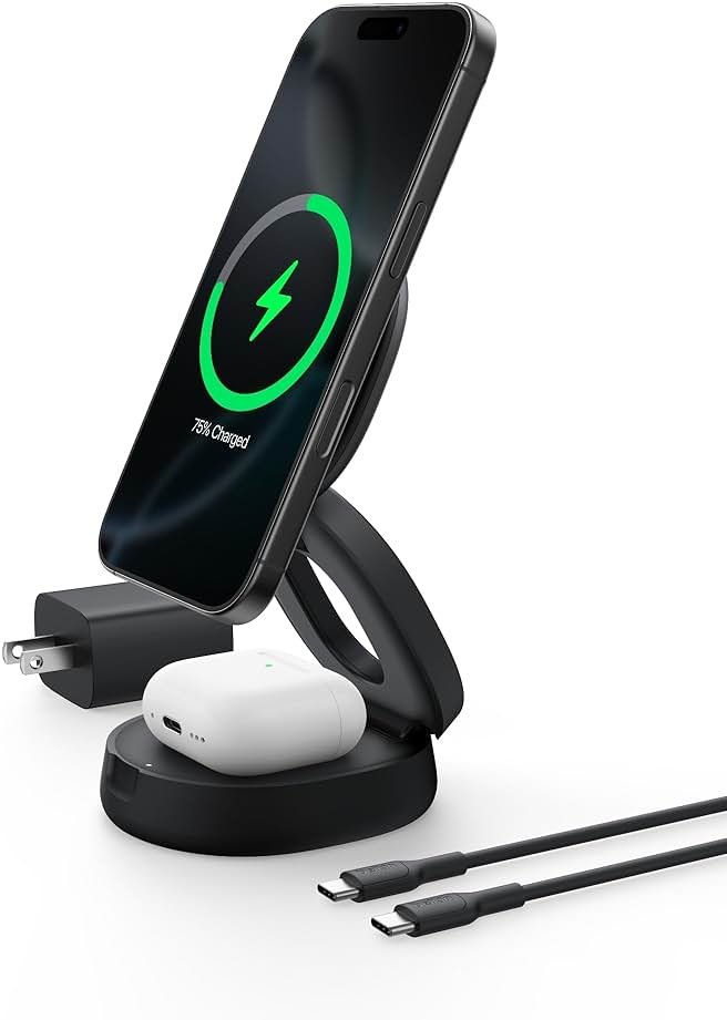 Belkin MagSafe Charger Compatible, 2-in-1 Qi2 Wireless Charging Station 15W, Convertible Charger for iPhone 17, Apple Watch, AirPods, Pixel 10, Portable Phone Stand for Travel w/ 30W Adapter - Black - Product Image