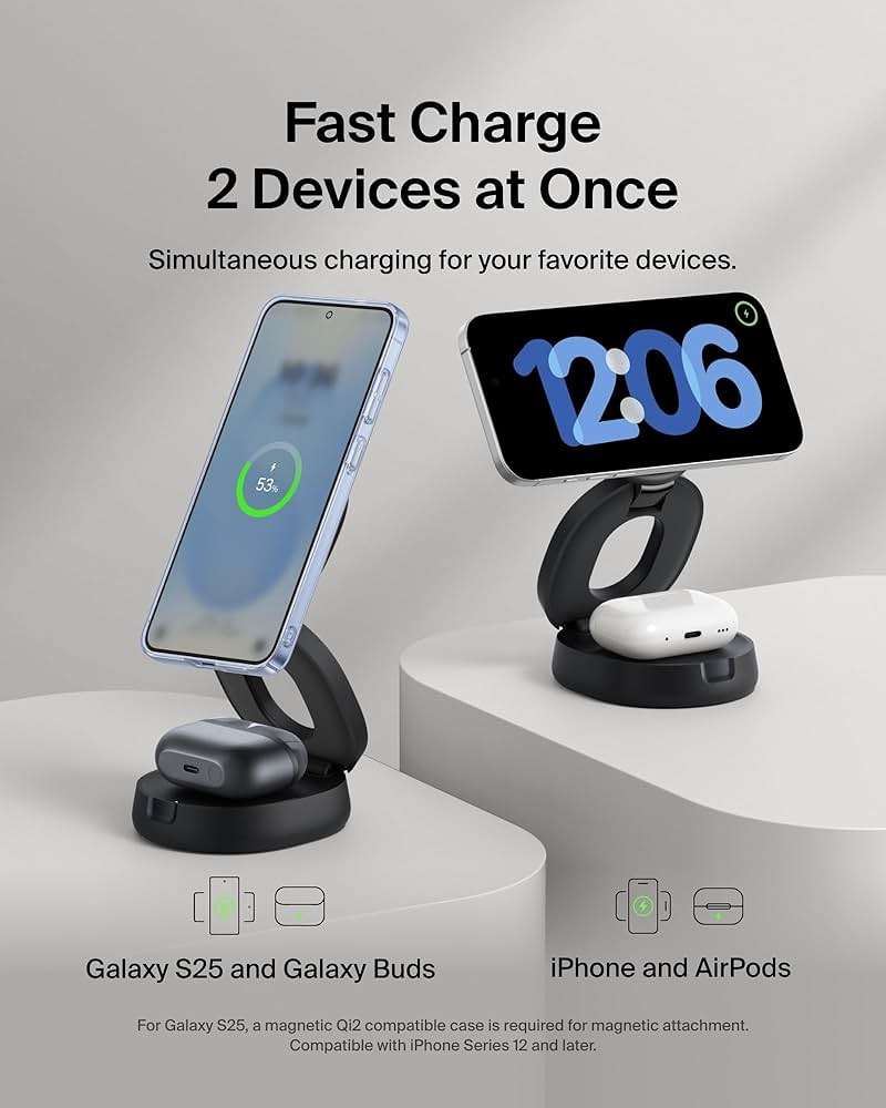 Belkin MagSafe Charger Compatible, 2-in-1 Qi2 Wireless Charging Station 15W, Convertible Charger for iPhone 17, Apple Watch, AirPods, Pixel 10, Portable Phone Stand for Travel w/ 30W Adapter - Black - Image 2
