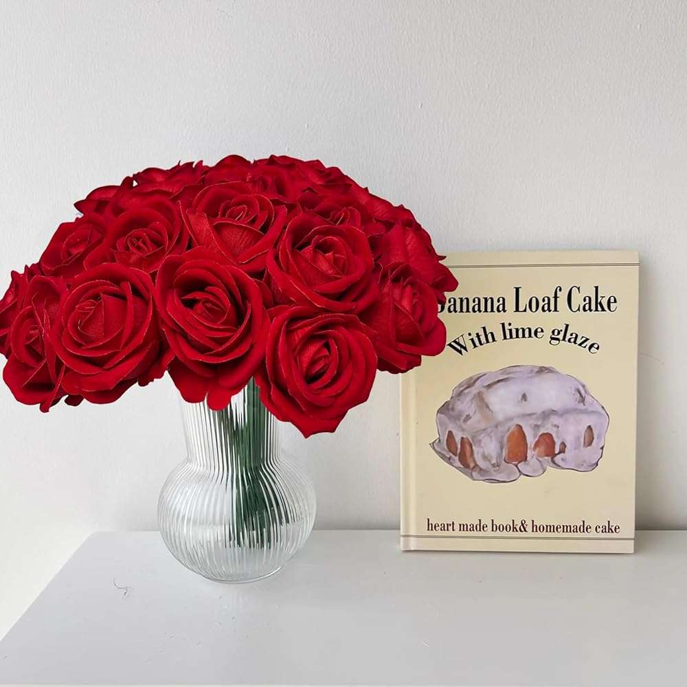 FagusHome 30 Pcs Silk Rose Artificial Flowers Roses Bulk Bouquet Fake Flowers Rose Heads with Stems for Home Wedding Decor (Red) - Image 2