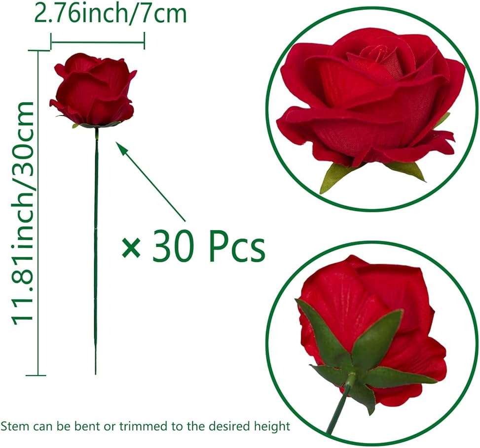 FagusHome 30 Pcs Silk Rose Artificial Flowers Roses Bulk Bouquet Fake Flowers Rose Heads with Stems for Home Wedding Decor (Red) - Image 3