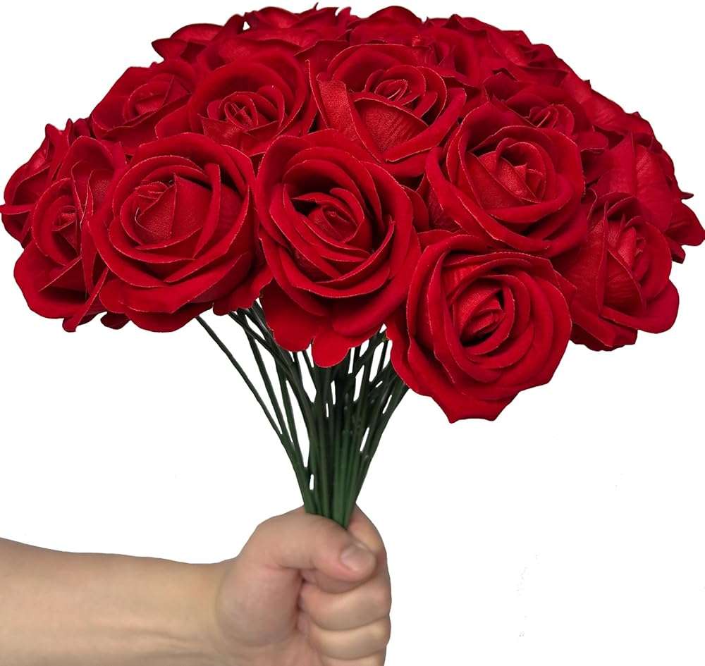 FagusHome 30 Pcs Silk Rose Artificial Flowers Roses Bulk Bouquet Fake Flowers Rose Heads with Stems for Home Wedding Decor (Red) - Image 4